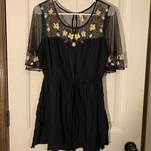 Boho Black Embroidered Wildflower Mini Dress, size Large